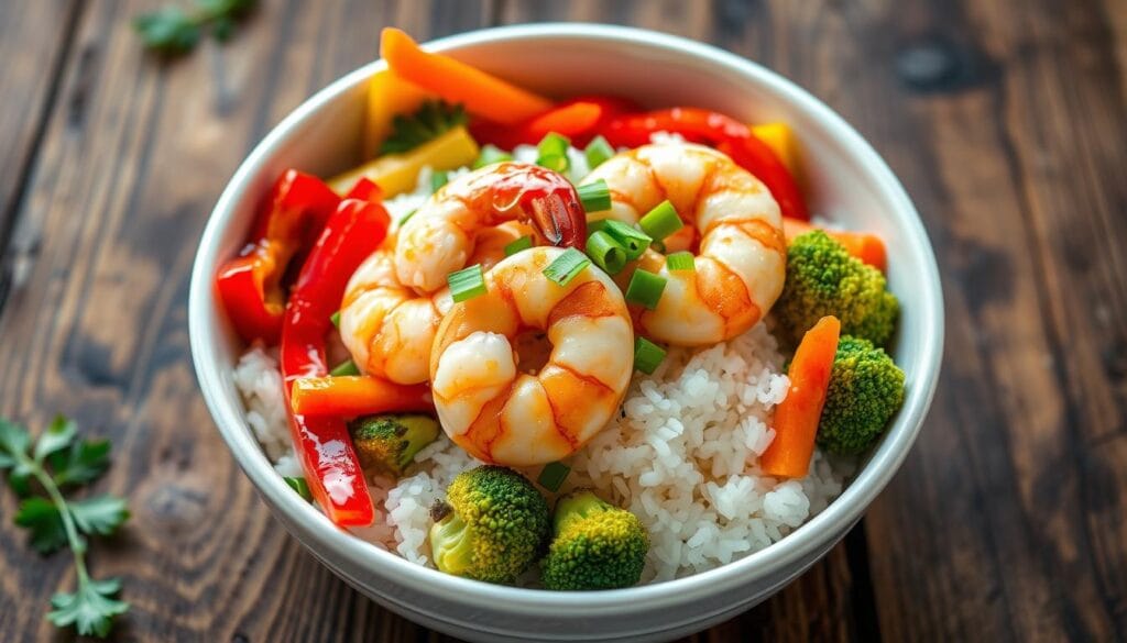 shrimp and vegetable rice bowls